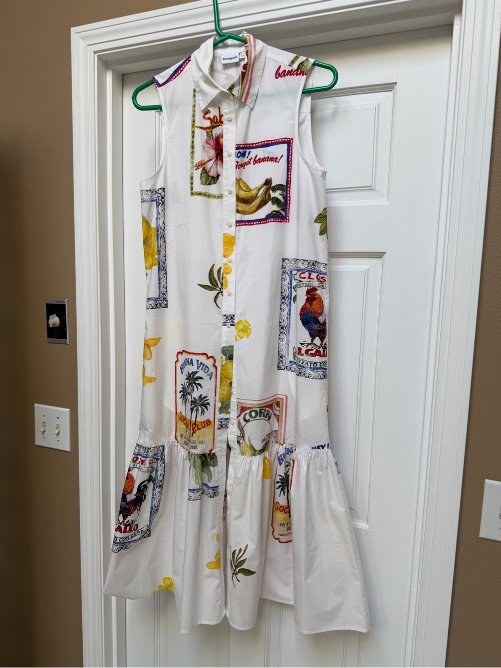 Desigual White Sleeveless Midi Dress with Tropical Fruit & Floral Panels